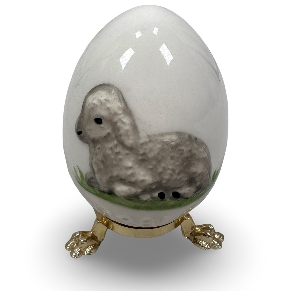 Goebel 1981 West Germany Porcelain Egg Gray Lamb Figurine with Gold Stand